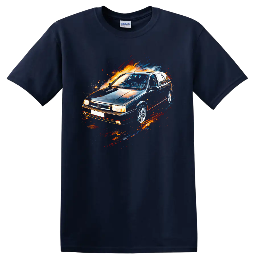 Fiat Tipo old car graphic print with colorful motion splashes on a Navy (Blue) T Shirt