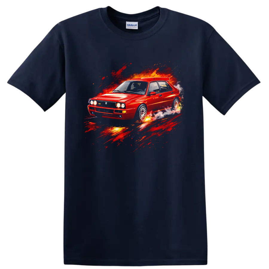Red Lancia Delta HF Integrale Evo II old car graphic with fiery motion effects on a Navy (Blue) T Shirt