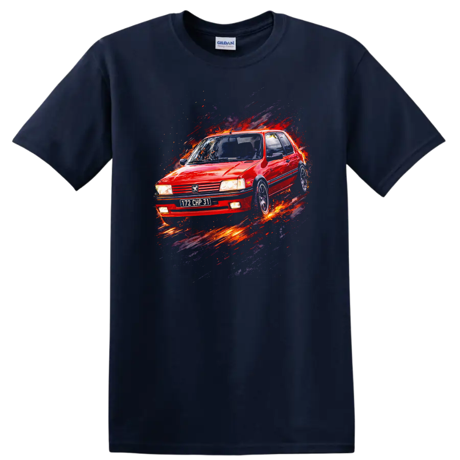 Red Peugeot 205 GTI old car graphic print with splash effect on a Navy (Blue) T Shirt