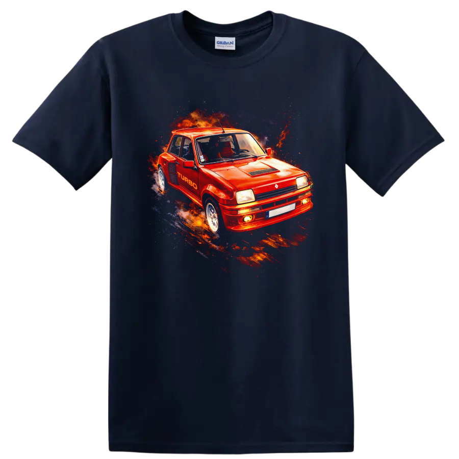 Renault 5 Turbo red old car graphic print T shirt with fiery racing splash on a Navy (Blue) T Shirt