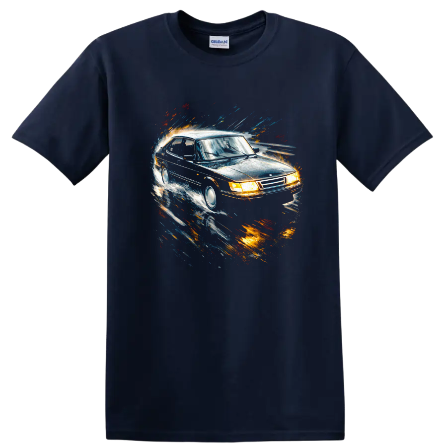 Saab 900 Turbo car graphic with colorful motion streaks on a black T shirt on a Navy (Blue) T Shirt