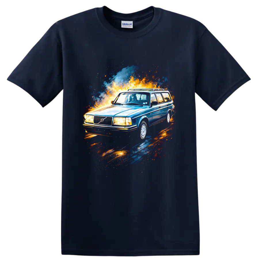 Blue Volvo 240 wagon with fire and paint splash graphic on T shirt on a Navy (Blue) T Shirt