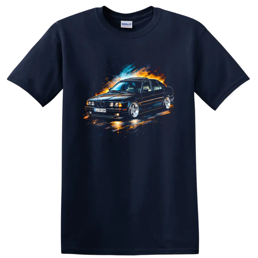 BMW E34 sedan graphic with blue and orange splash effects T-shirt on a Navy (Blue) T Shirt
