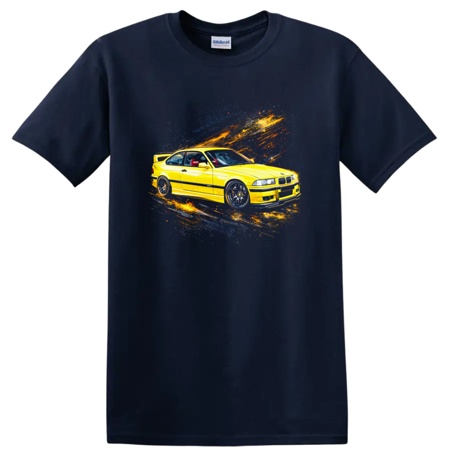 Yellow BMW E36 M3 car with colorful motion streaks graphic on T shirt on a Navy (Blue) T Shirt