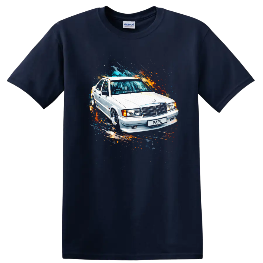 White Mercedes-Benz 190E car with colorful paint splash graphic print on a Navy (Blue) T Shirt