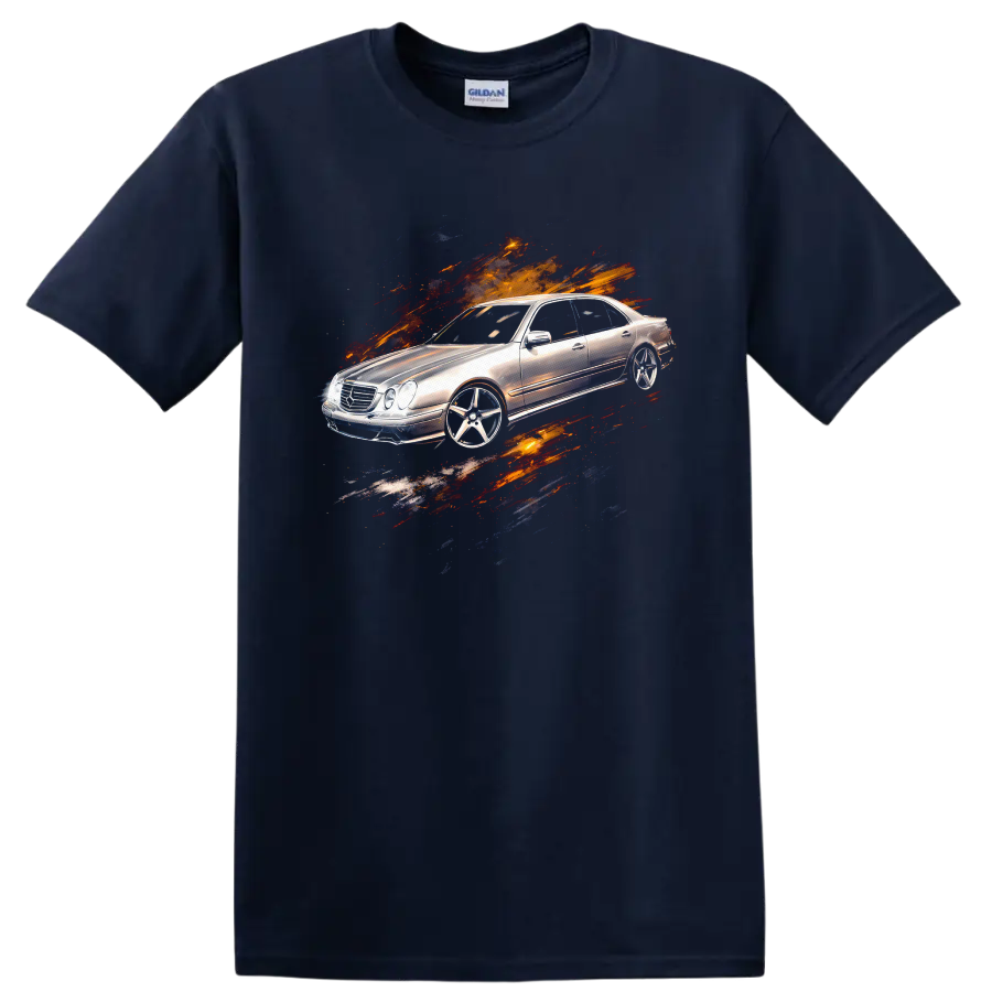Silver Mercedes-Benz E-Class W210 with paint-splatter graphic print on a Navy (Blue) T Shirt