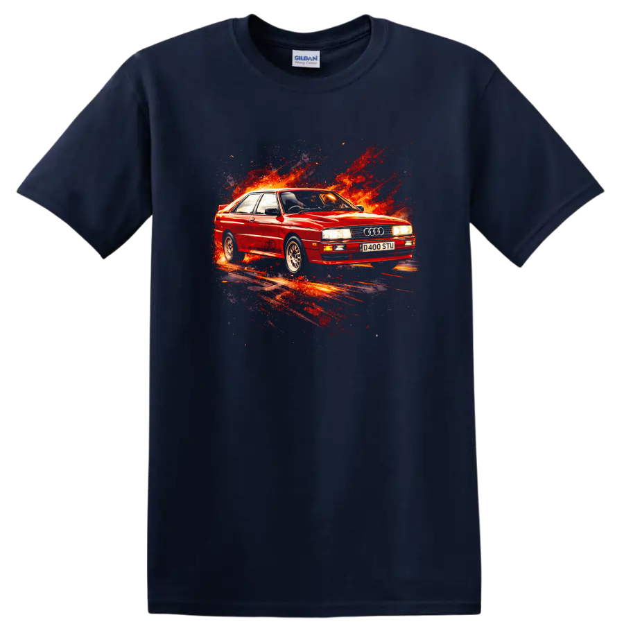 Red Audi Quattro old car graphic print with fiery splash effect on T shirt on a Navy (Blue) T Shirt