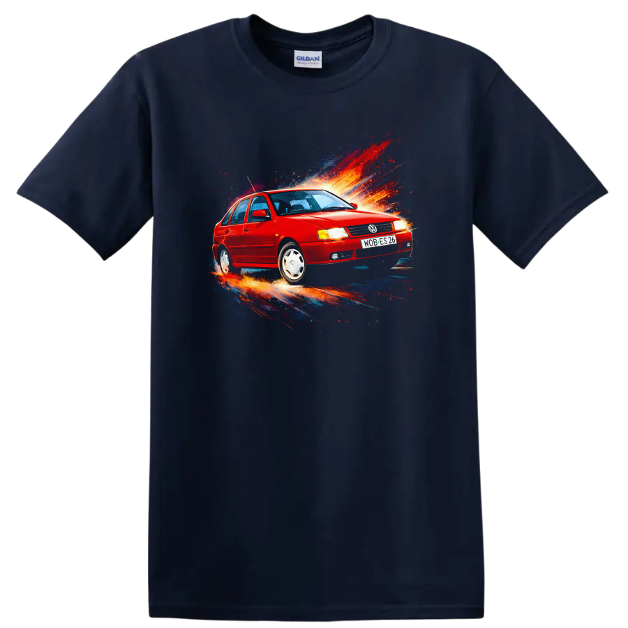 Red Volkswagen Polo Classic car with colorful splash graphic print on black background on a Navy (Blue) T Shirt
