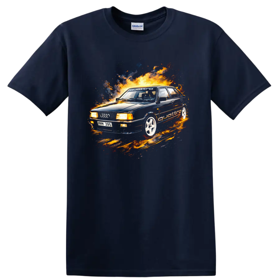Audi 80 B2 car with flames and racing style graphic print on black T shirt on a Navy (Blue) T Shirt