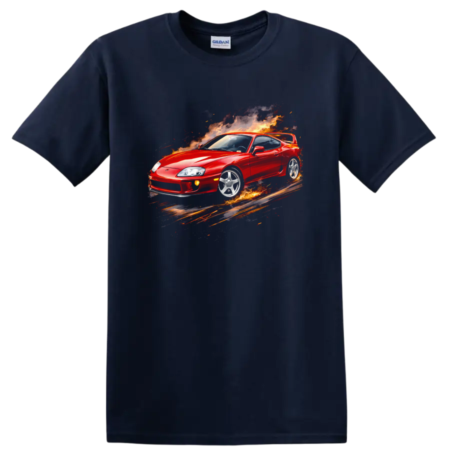 Red Toyota Supra MK4 surrounded by flames and smoke on a graphic print T shirt on a Navy (Blue) T Shirt