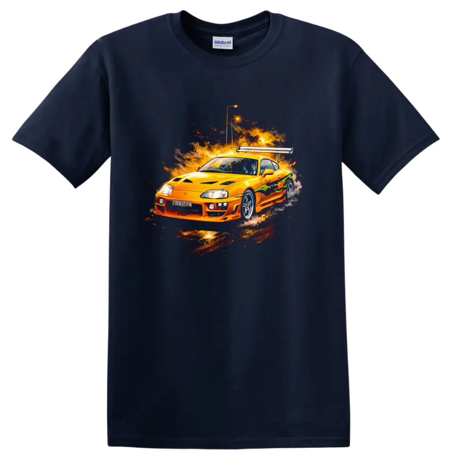 Orange Toyota Supra MK4 with fiery graphic burst, automotive T shirt design on a Navy (Blue) T Shirt