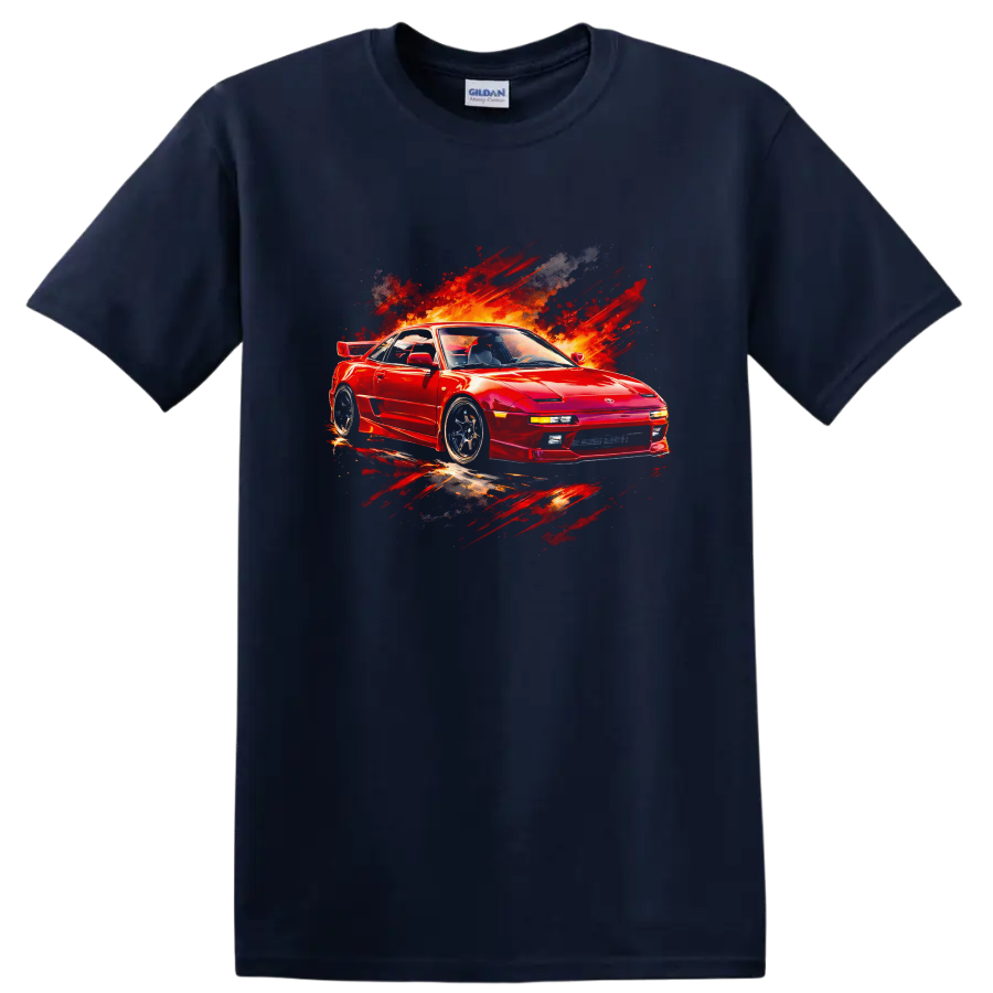 Red Toyota MR2 sports car with fiery paint-splash graphic print on a T shirt on a Navy (Blue) T Shirt