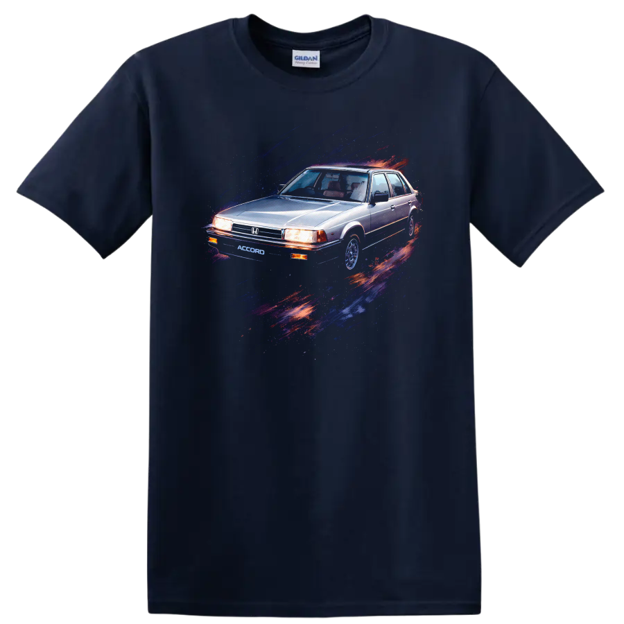 Old Honda Accord sedan graphic print T-shirt with blue and red paint streaks on a Navy (Blue) T Shirt