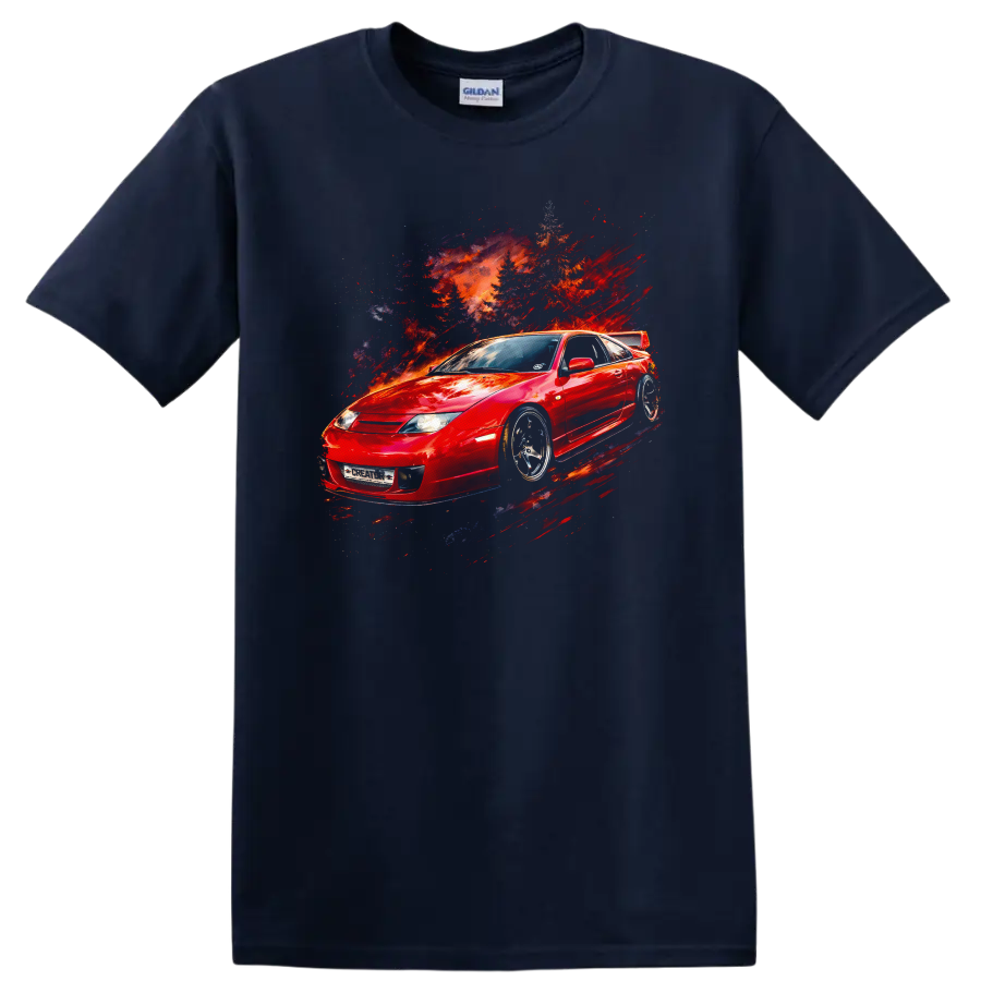 Red Nissan 300ZX Z32 sports car with abstract fiery motion graphic print on a Navy (Blue) T Shirt