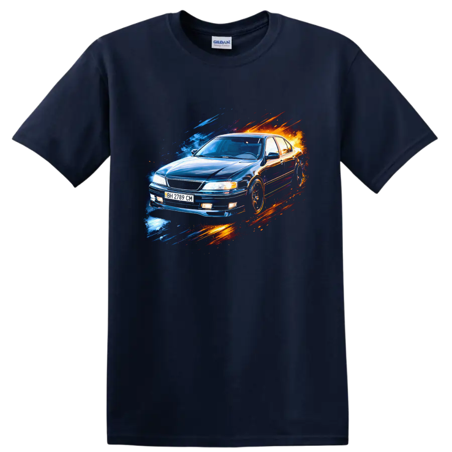 Blue Nissan Maxima A32 sedan with blue and orange streaks graphic print on a Navy (Blue) T Shirt