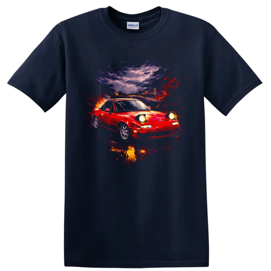 Red Mazda MX-5 Miata sports car with colorful abstract street-scene graphic print on a Navy (Blue) T Shirt