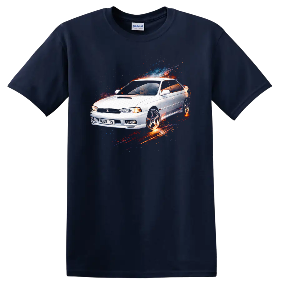 White Subaru Legacy old car graphic print with splash effects on black background on a Navy (Blue) T Shirt