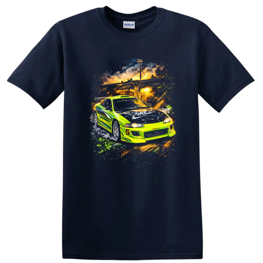 Neon green Mitsubishi Eclipse GS racing car graphic print T-shirt on a Navy (Blue) T Shirt
