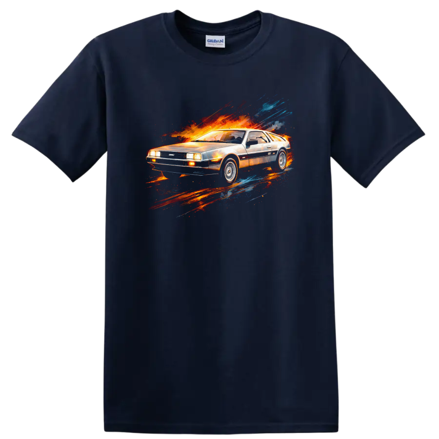 Silver DeLorean-style car with fiery red, orange, and blue motion streak graphic print on a Navy (Blue) T Shirt