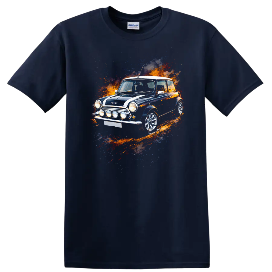 Classic Mini Cooper car with colorful paint splash graphic print on a Navy (Blue) T Shirt