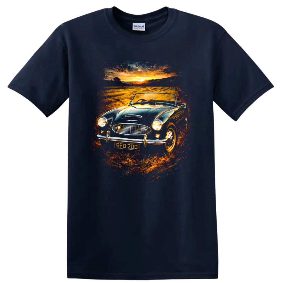 Austin-Healey 3000 classic car at sunset graphic print T-shirt on a Navy (Blue) T Shirt