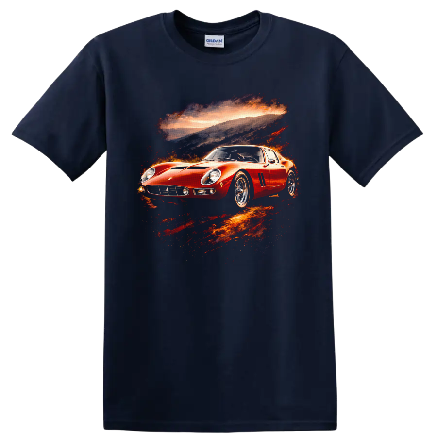 Red Ferrari 250 GTO classic sports car graphic print with sunset backdrop on a Navy (Blue) T Shirt