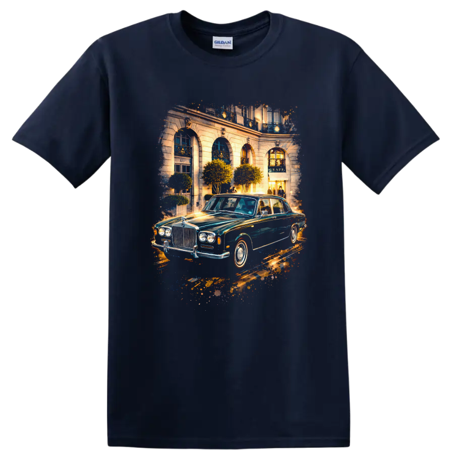 Rolls-Royce Silver Shadow classic car in a luxury city scene graphic print T shirt on a Navy (Blue) T Shirt