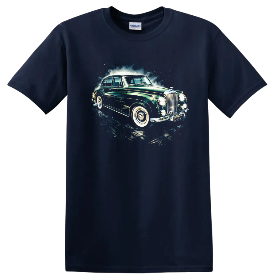 Vintage Bentley S2 classic car with chrome details and blue splash graphic on a T shirt on a Navy (Blue) T Shirt