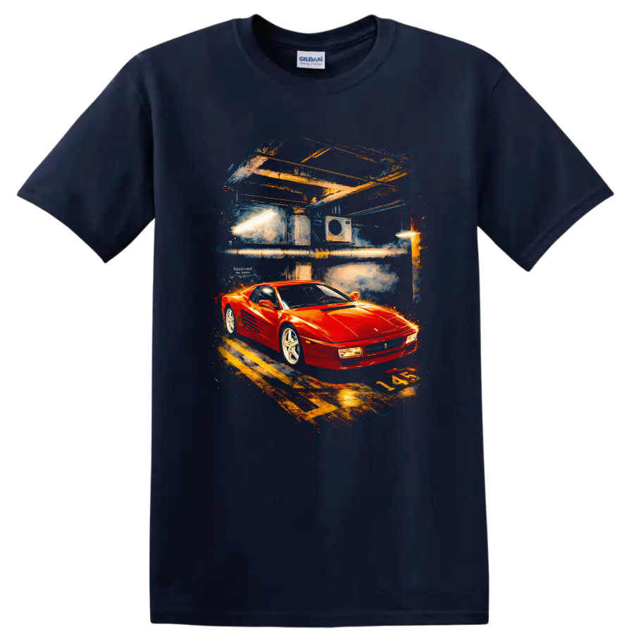 Red Ferrari Testarossa sports car graphic print on a black T shirt on a Navy (Blue) T Shirt