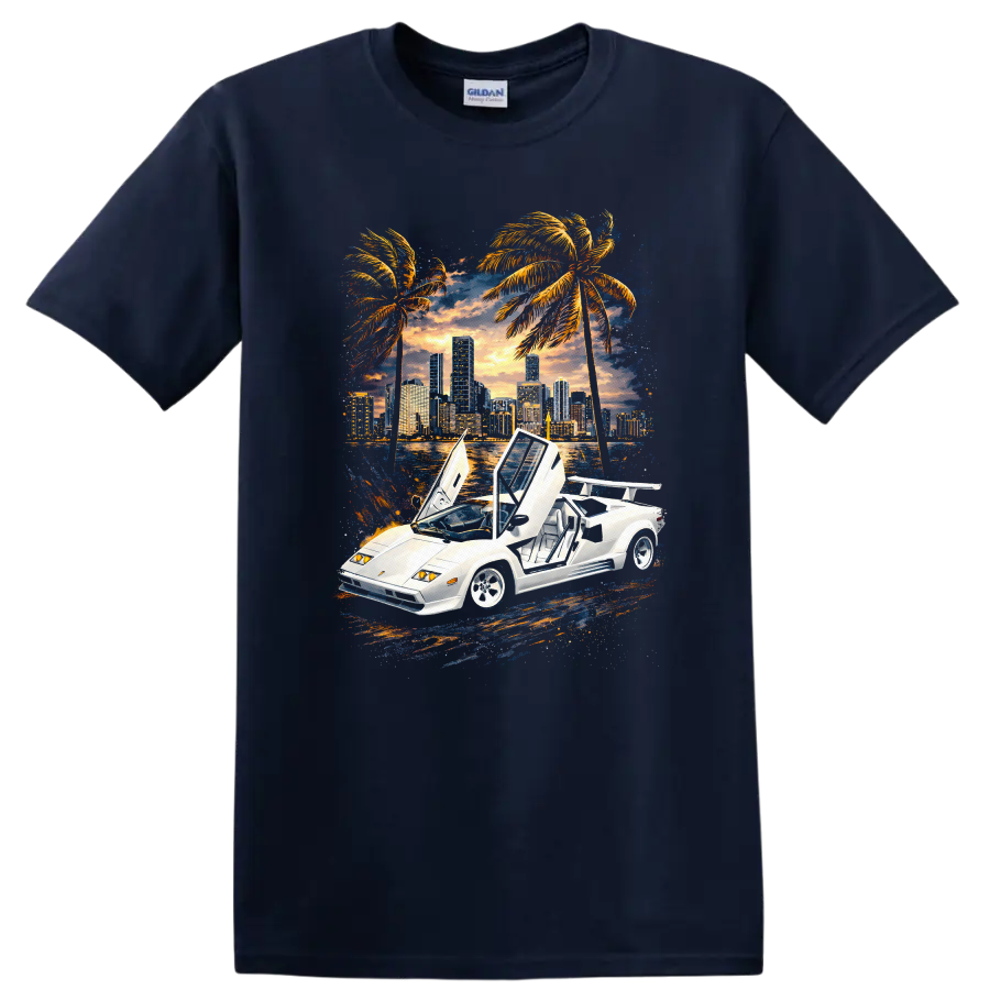 White Lamborghini Countach with raised doors, sunset skyline, palm trees, graphic print T-shirt on a Navy (Blue) T Shirt