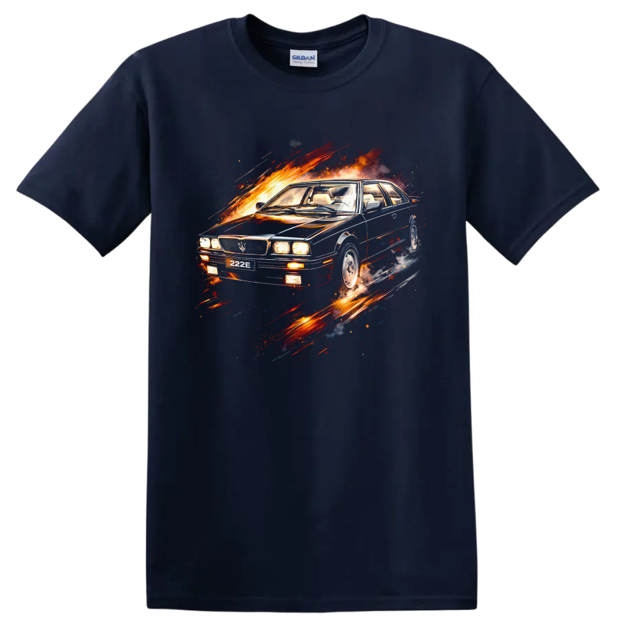 Old Maserati 222 car graphic with fiery motion streaks on a Navy (Blue) T Shirt