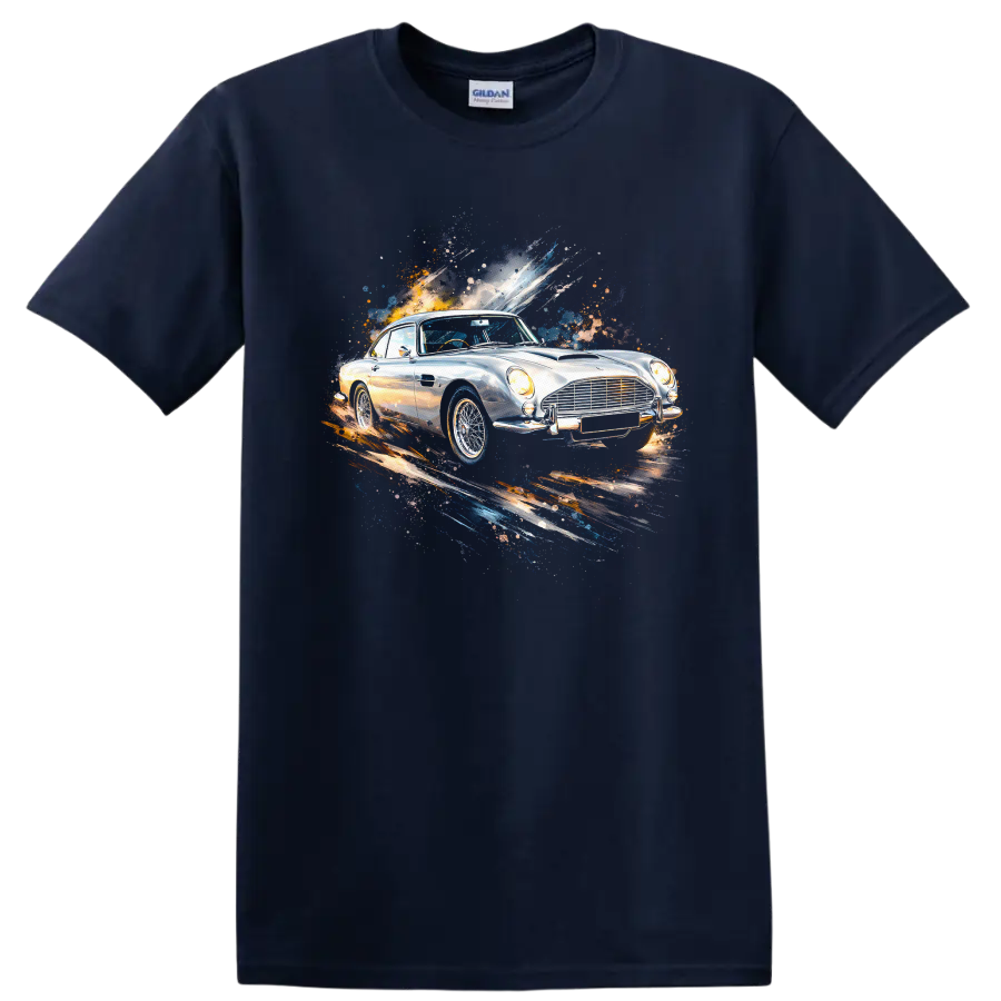 Aston Martin DB5 old car watercolor graphic print T-shirt on a Navy (Blue) T Shirt