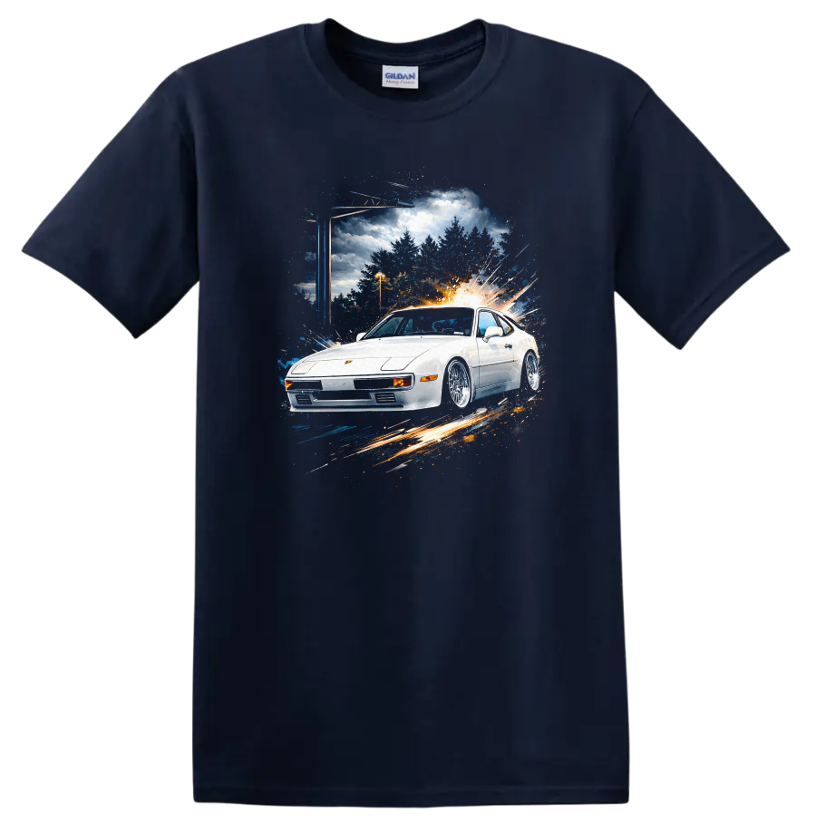White Porsche 924 sports car with motion burst graphic print on T shirt on a Navy (Blue) T Shirt