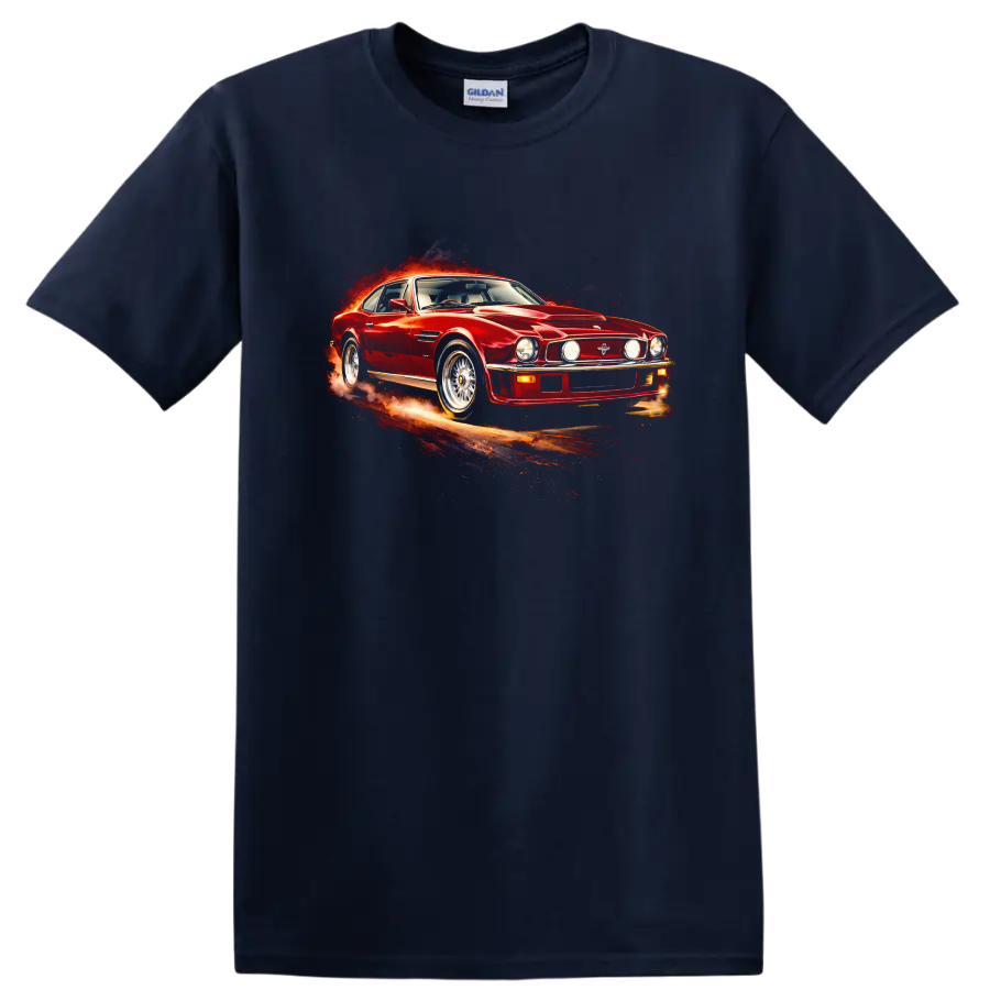 Red Aston Martin V8 Vantage classic car graphic with fiery motion effect on a Navy (Blue) T Shirt