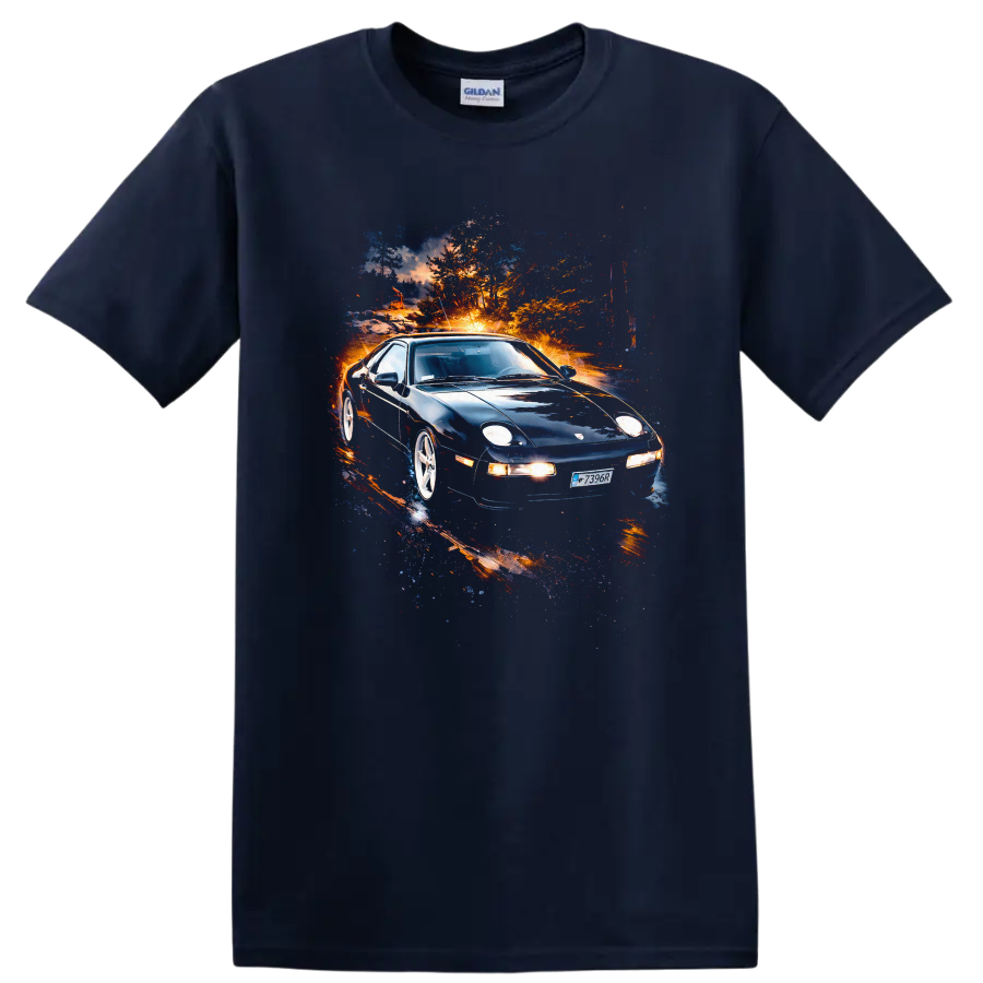 Porsche 928 old car with vivid colorful motion effect on black T-shirt on a Navy (Blue) T Shirt