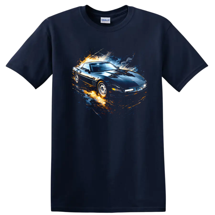 Chevrolet Corvette C4 with blue and orange motion graphic print on a T shirt on a Navy (Blue) T Shirt