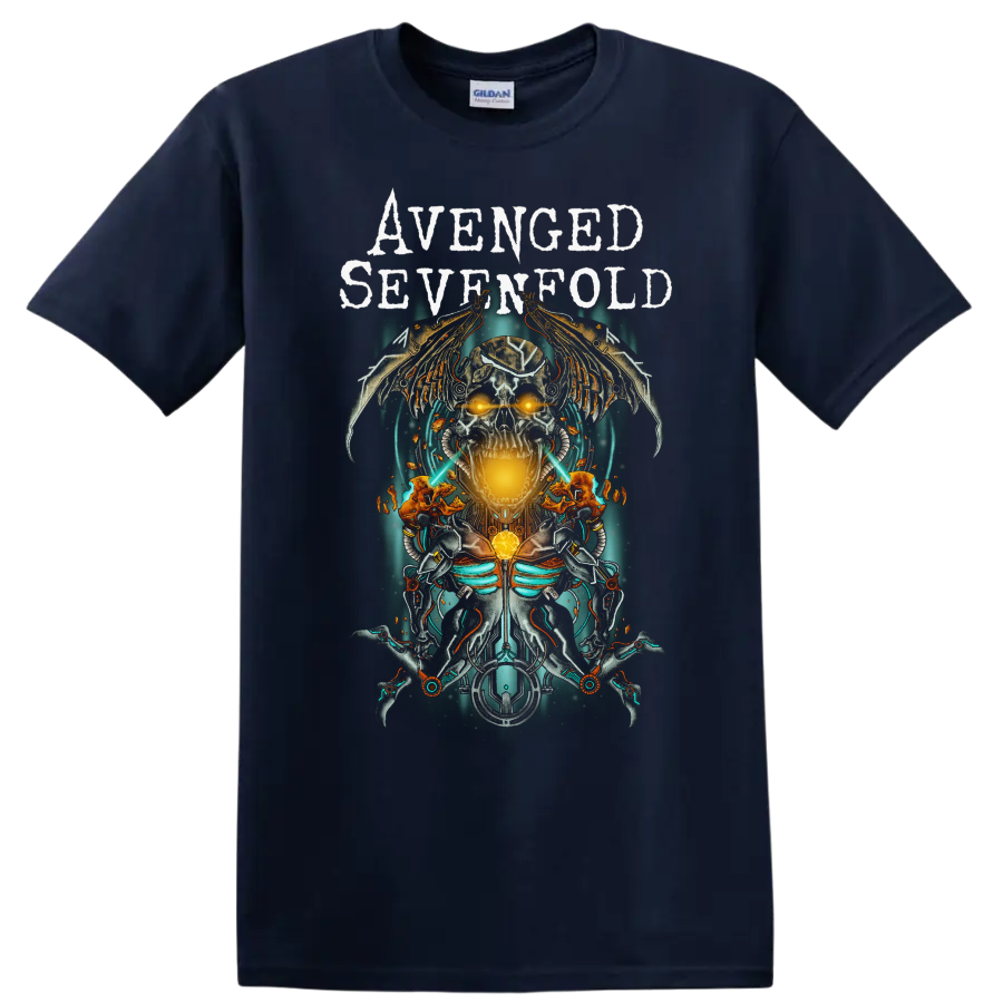 Avenged Sevenfold A7X skull wings rock metal graphic print T - Navy (Blue)