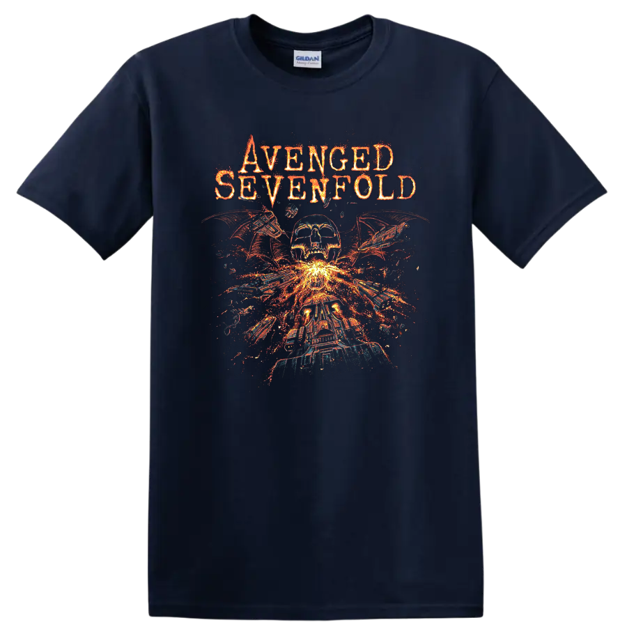 Avenged Sevenfold inspired skull, wings, and flames graphic print T - Navy (Blue)