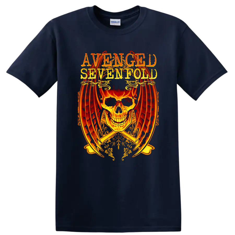 Avenged Sevenfold A7X skull with wings rock metal graphic T - Navy (Blue)