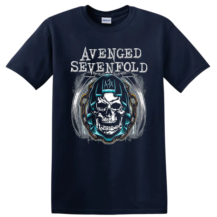Avenged Sevenfold A7X skull and chain rock metal graphic print T - Navy (Blue)