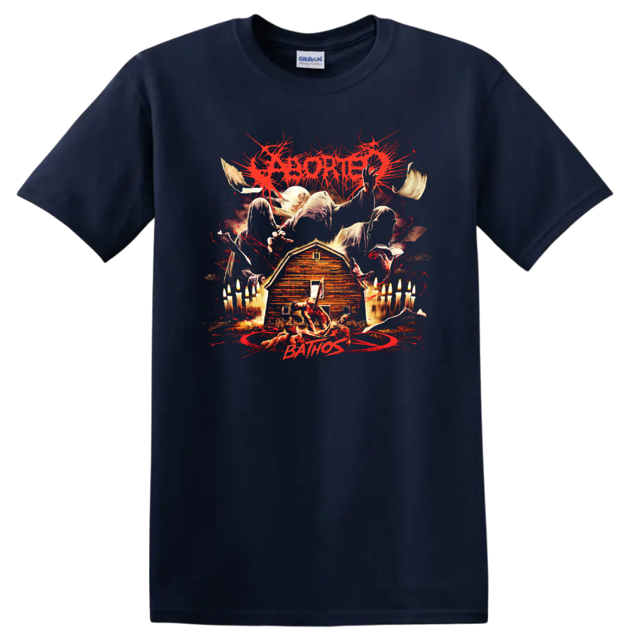 ABORTED horror metal graphic on a T-shirt with dark splatter artwork and eerie farmhouse - Navy (Blue)