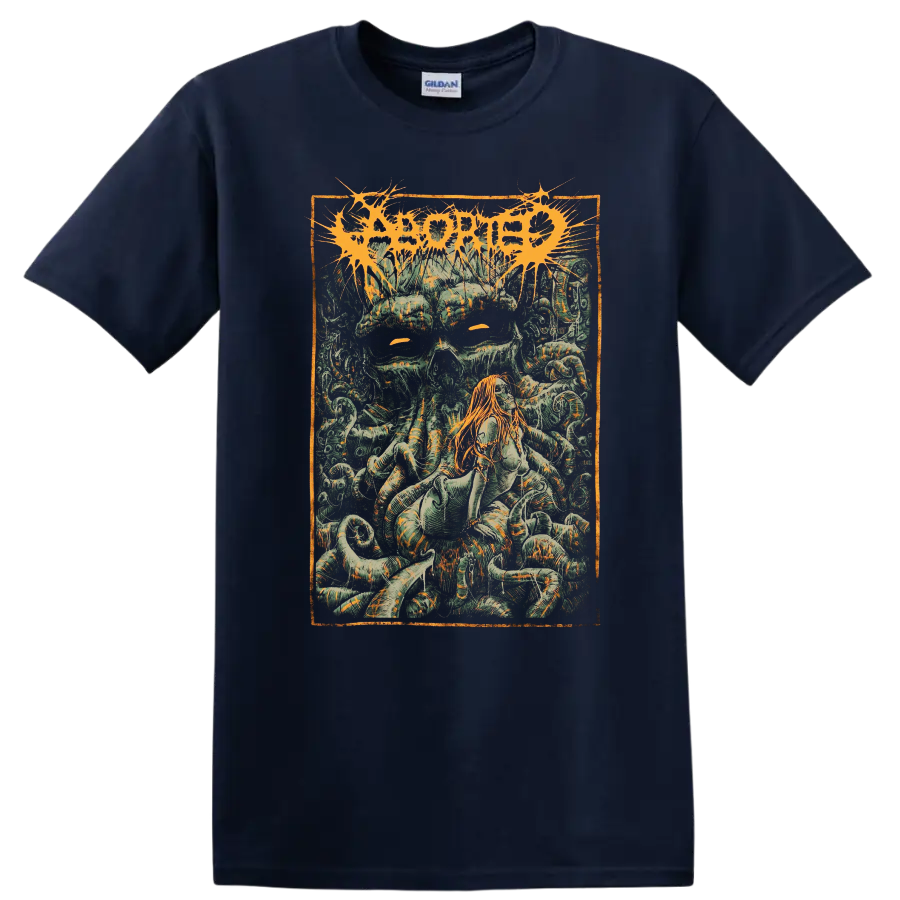 ABORTED metal band style graphic with horror artwork and orange logo T - Navy (Blue)