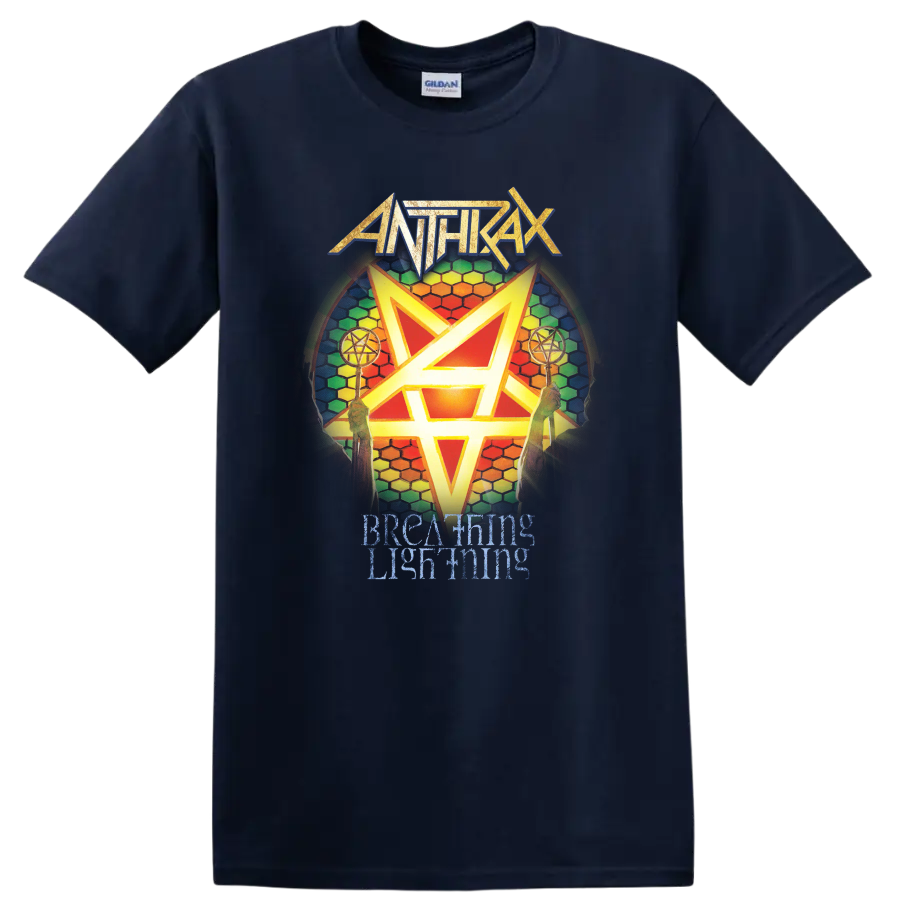 Anthrax logo with rainbow hexagram and Breathing Lightning text graphic print T - Navy (Blue)