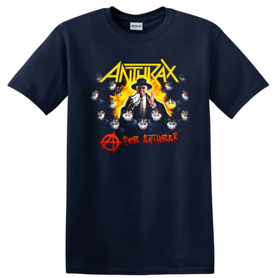 ANTHRAX metal band graphic with flames, masked faces, and bold lettering on T - Navy (Blue)