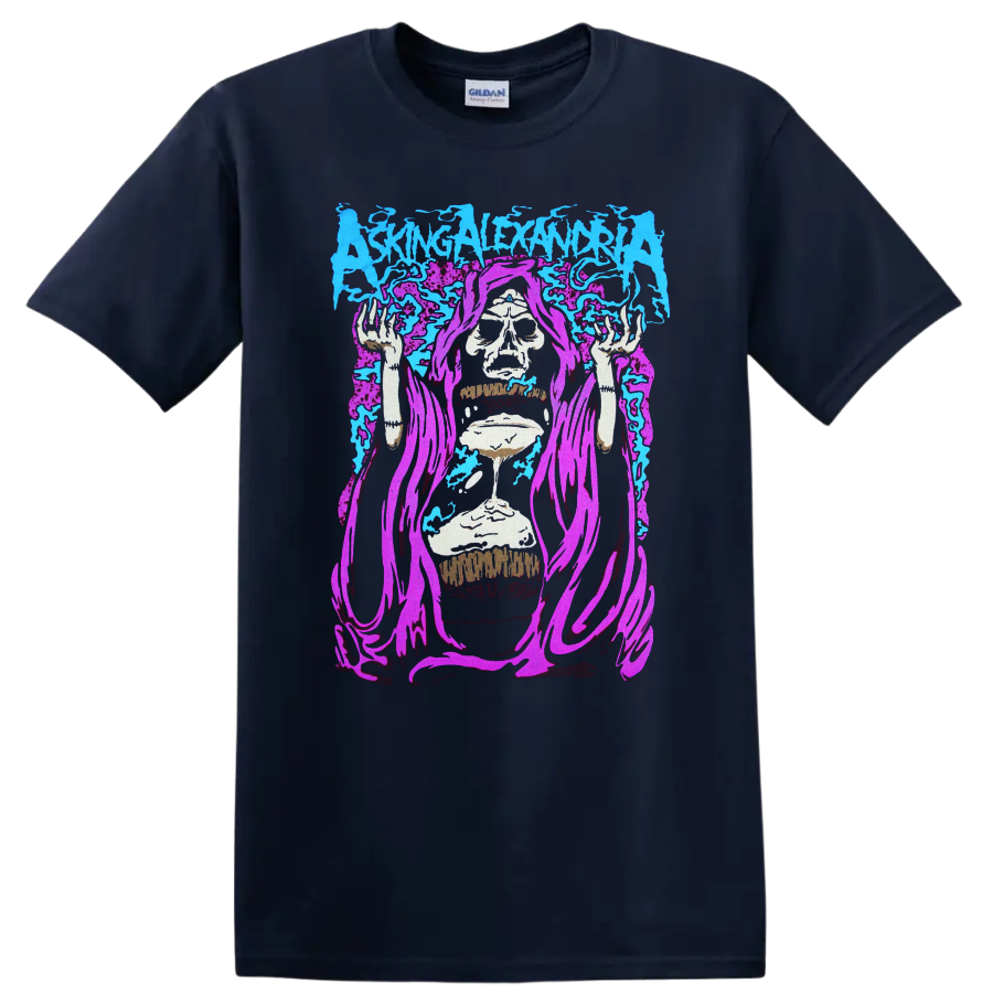 ASKING ALEXANDRIA skull graphic with blue and purple flames on a black T - Navy (Blue)