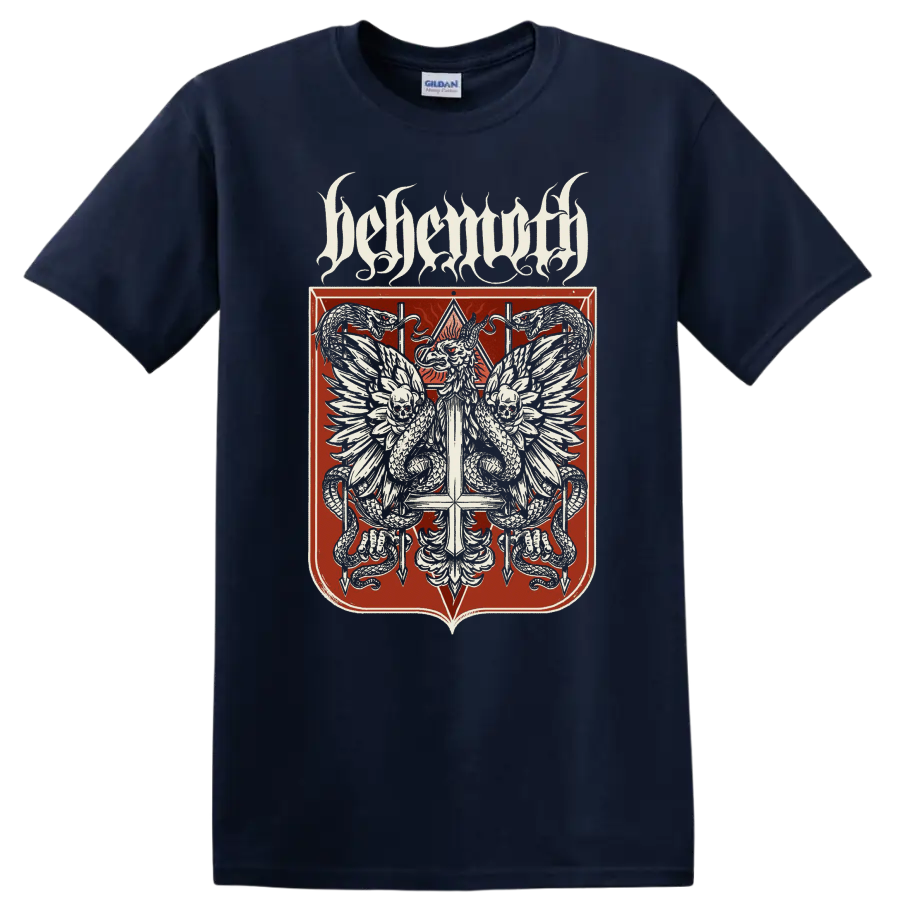 BEHEMOTH gothic metal crest with skulls, serpents, and wings on T - Navy (Blue)