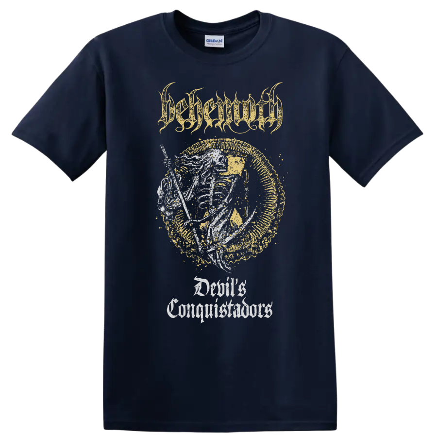 BEHEMOTH gothic metal graphic print with distressed lettering and emblem on T - Navy (Blue)