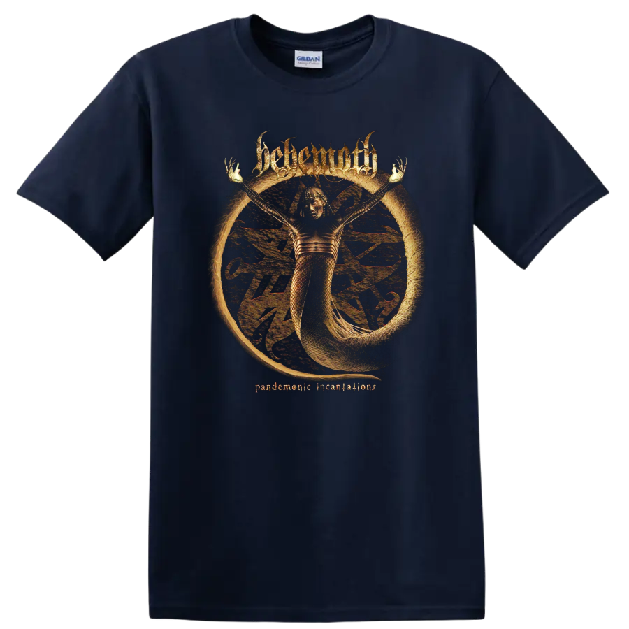 BEHEMOTH Pandemonic Incantations black metal graphic print T shirt with occult figure and burning - Navy (Blue)