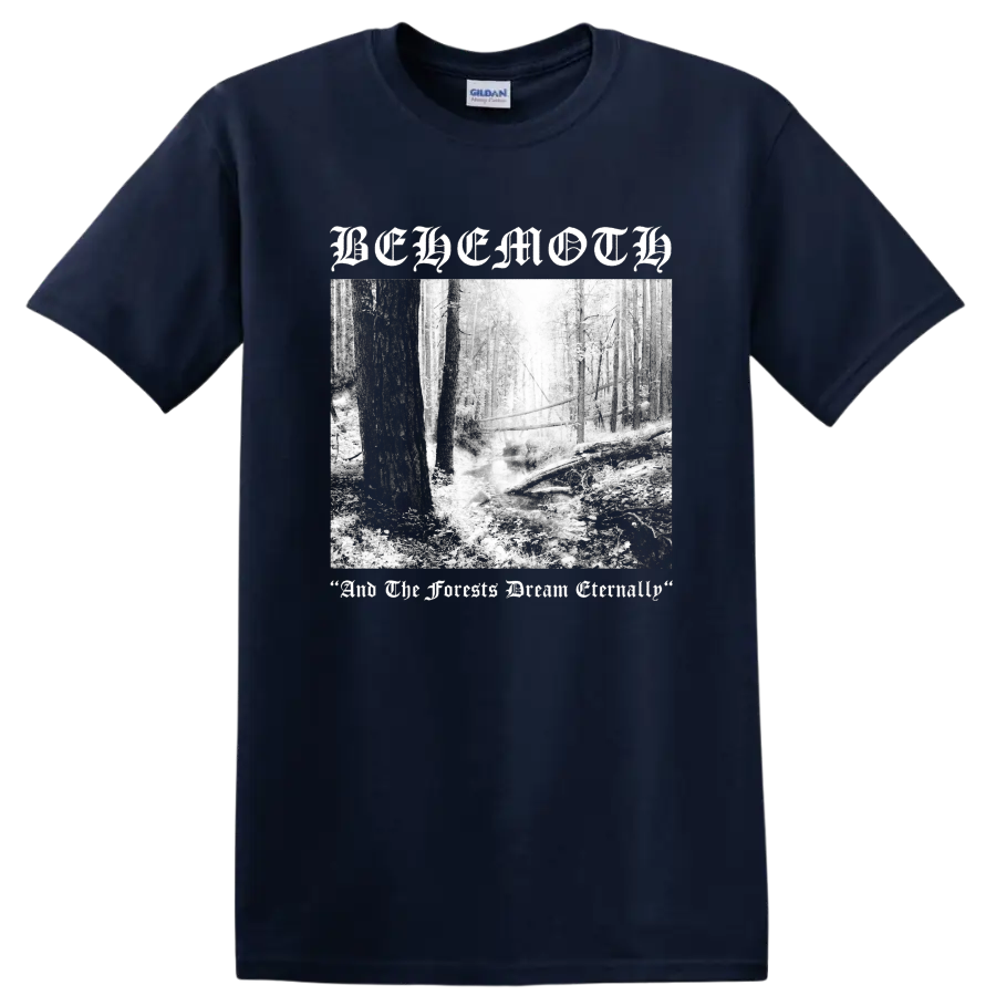 BEHEMOTH gothic text over black and white forest scene graphic print - Navy (Blue)