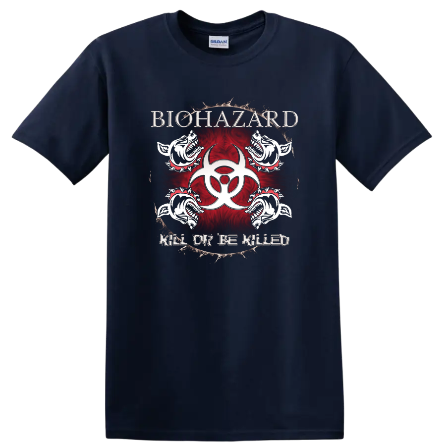 Biohazard graphic print T shirt with skull creatures, red biohazard symbol, and Kill or Be Killed - Navy (Blue)